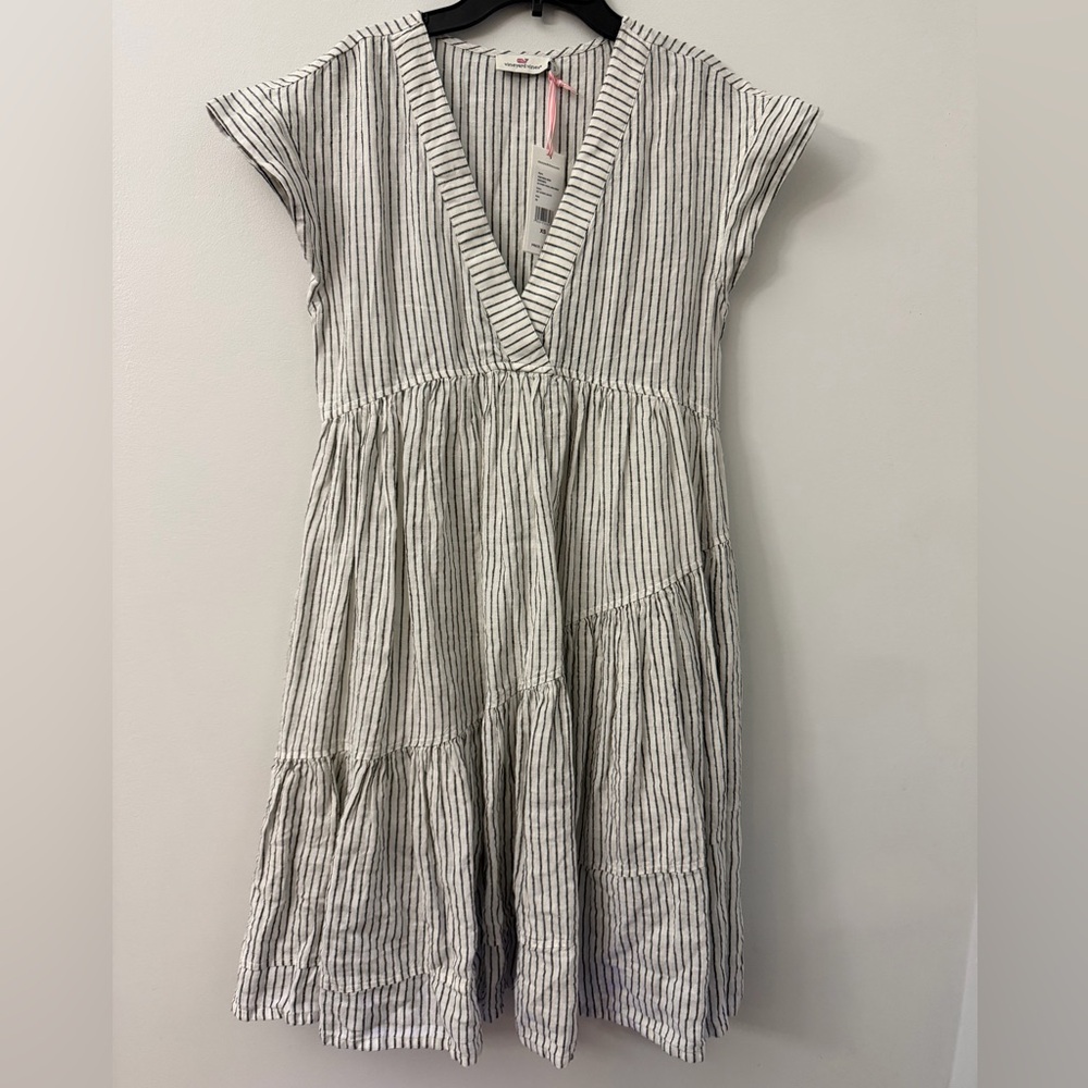 Vineyard Vines Jet Stripe Tiered Linen Dress XS V Neck Cap Sleeve NWT B812